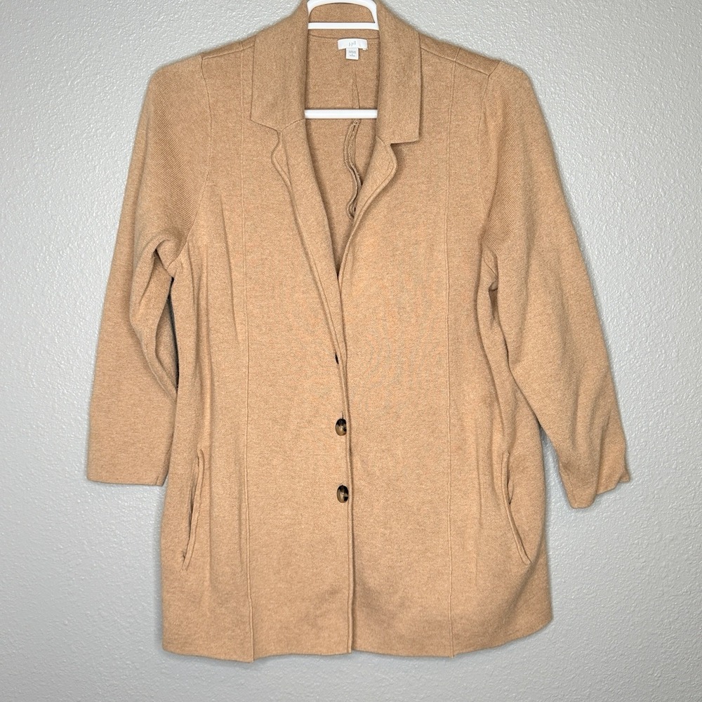 J Jill Petite‎ L Ponte Blazer Knit Jacket Tan Camel Button Front Career Casual